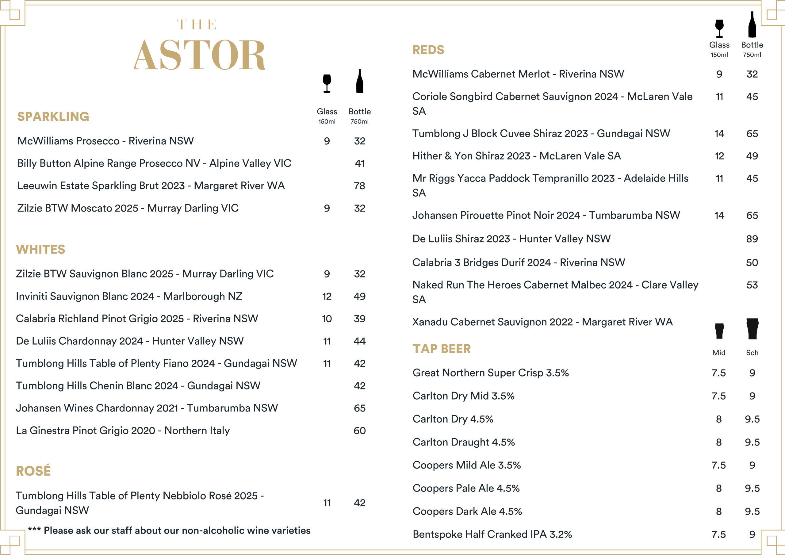 Bar menu astor hotel